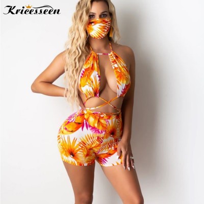 Kricesseen Fashion Green Palm Print Shorts Set With Masks Womens Tropical Leaf Print Bandage Crop Top And Shorts Set Beach Suits